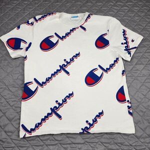 Champion All-Over Print Logo T-Shirt Mens Size M White Red Blue